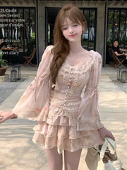 Hnewly Women Print Lace Two Pieces Sets French Elegant Spliced Ruffles Slim Waist Lace-up O-Neck Top + Cake A-Line Skirt Summer Fashion