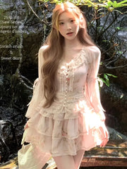 Hnewly Women Print Lace Two Pieces Sets French Elegant Spliced Ruffles Slim Waist Lace-up O-Neck Top + Cake A-Line Skirt Summer Fashion