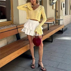 Hnewly New Knit Flare Sleeve V-neck Hollow Out Short Coat Fashion Casual Button Transparent Summer Cardigan Top Cover-up Jacket