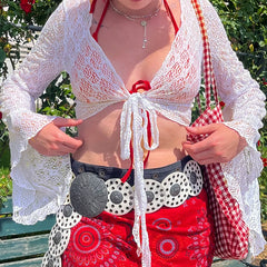 Hnewly Streetwear y2k Lace Smock T-shirt Solid White Flared Full Sleeve Bandage Cardigan Crop Top Women Vintage 2000s Tees Shirt