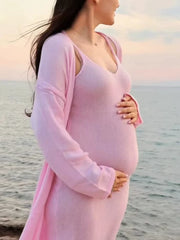 Hnewly Maternity Dress Photoshoot Pink Two Piece Pregnancy Outfit Knit Maxi Gown with Cardigan Baby Shower Gender Reveal Bump Friendly