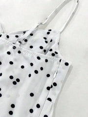 Hnewly Womens White Polka Dot V-Neck Sleeveless Mini Dress With Ruched Detail And Tiered Hem