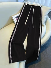 Hnewly Women Lace Trim Wide Leg Pants Elastic Waist Casual Straight Sweatpants Spring Summer Loose Trousers