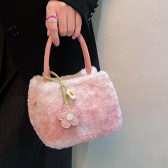 Hnewly Sweet Cute Pink Gradient Handbag Women Plush Large Capacity Square Shoulder Bag Ladies Fashion Winter New Crossbody Bag Y2k