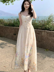 Hnewly Summer French Print Embroidery Women's Dresses 2025 Prairie Chic Elegant V-Neck Pleated Lace-up Long Dress New Fashion Casual