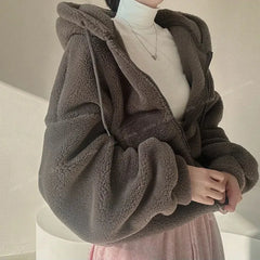 Hnewly Hooded Hoodies Women Winter Thicker Coats Solid Korean Style Zipper Lambswool Jackets Soft Streetwear Loose Harajuku Chic Girl