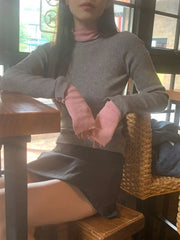 Hnewly Vintage Fake Two Piece Knitted Tops Mujer 2025 Autumn Winter Half-high Collar T-shirt for Women Y2k Slim Fit Long Sleeve Tees