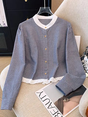 Hnewly O Neck Women Striped Shirt Vintage Long Sleeve Loose Korean Blouse Casual Fall New Patchwork Female Retro Sweet Autumn Tops