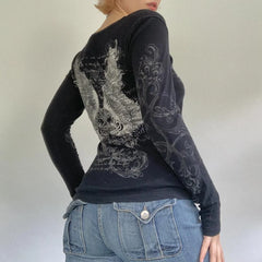 Hnewly BACK TO SCHOOL OUTFIT 2000s Retro Rhinestone Graphic Print T-shirt Harajuku Grunge Y2K Aesthetics Fairy Crop Top Korean Fashion Vintage Mall Goth Tees