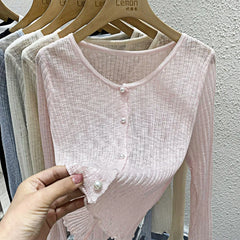 Hnewly Ice Silk Sunscreen Cardigan For Women 2024 Spring/Summer V-Neck Outerwear Thin Shawl Knit Sweater Long Sleeved Short Jacket Top