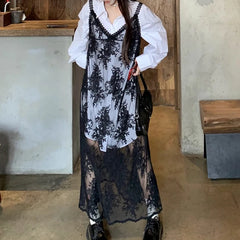 Hnewly Lace Floral Transparent Dresses Women Black Sexy Long Dress Korean Sleeveless Holiday Dress Vacation Streetwear Party