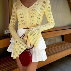 Hnewly New Knit Flare Sleeve V-neck Hollow Out Short Coat Fashion Casual Button Transparent Summer Cardigan Top Cover-up Jacket