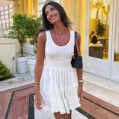 Hnewly Vest Knitted Dress For Women Hollow Sexy Slim Sleeveless Short Dress A-line Fashion Folds Dress Female Solid High Waist