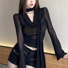 Hnewly y2k Mesh Shirt Women Party Glitter See Through Cowl Neck Long Sleeve Tops 2000s Aesthetic Clothing Club Streetwear