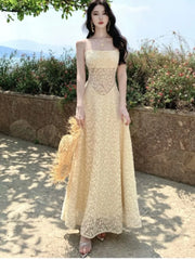 Hnewly Women's Sexy Hollow Lace Dresses 2025 Summer Elegant French Sling Floral A-Line Full Skirt Long Dress Fashion Holiday Vacation