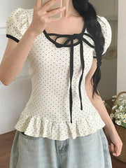 Hnewly Fashion Chic Cute Sweet Women Causal T-Shirts Short Sleeves Ruffly Polka Dot Prints Edible Tree Fungus Blouses