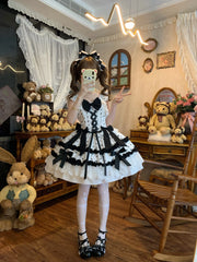 Hnewly Lolita Original Sweet JSK Dress Women Summer Elegant Bow Dot Printed Short Suspender Dress