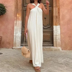 Hnewly All-match Comfortable Beachy Women's Clothing Summer Solid Color Pullover Chiffon Halter Ankle Skirts Office Lady Dresses