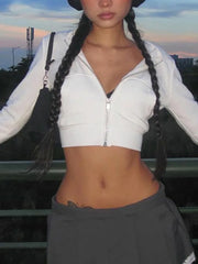 Hnewly FALL OUTFITS Y2K Aesthetic Vintage Basic Zip Up White Cropped Hoodies 2000s Fashion Big Pockets Front Hooded Long Sleeve Sweats Cute