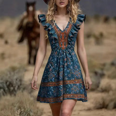 Lunivop Vintage Chic Fashion Women Hippie Floral Print V-neck Bohemian Mini Dress Ladies Short Sleeve Summer Beach Wrap Boho Dresses