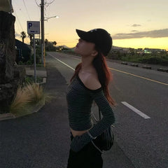 Hnewly Slant Collar Off Shoulder Striped Long Sleeved T-shirt Women Autumn New Spicy Girl Slim Crop Top Streetwear Tops Y2k Aesthetic