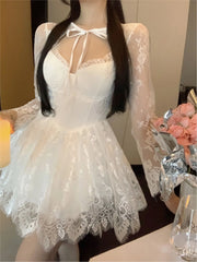 Hnewly Woman Sexy Slim Lace Mini Dress Sweet Lace-up Long Sleeve Princess Birthday Clothes Spring Summer Elegant Fairy Vestidos Mujers