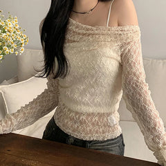 Hnewly Transparent Lace Crop Top Asymmetrical Off-shoulder Long Sleeve Smock T-shirts Women Summer Casual Tees y2k Vintage Tees