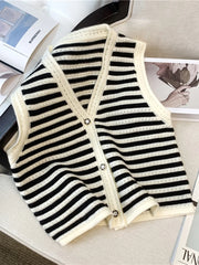 Hnewly Spring V-Neck Striped Knitted Vest Korean Hollow Out Sleeveless Top Women's 2023 Autumn Loose All-Matched Outwear Cardigan Tank