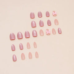 Hnewly 24pcs Pink Bow Design Glossy Press on Nails Wearable Detachable Almond Fake Nail Tips for Girls Lady Korean Sweet False Nails
