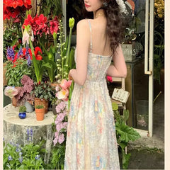 Hnewly French Floral Print Strapless Long Dress Women's Fashion Summer New Style Slimming Maxi Skirt Elegant Women's Clothing