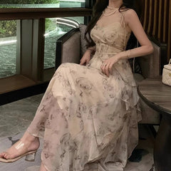 Hnewly Elegant Holiday Dresses for Women Long Floral Chiffon Midi Dress Sleeveless Vintage Dress Fairy Slim Party Casual