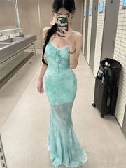 Hnewly Oversize Lace Patchwork Camisole Dresses Sexy Slim Fit Bodycon Fishtail Dress for Women 2025 Summer New Vestidos Mujer