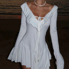 Hnewly Sweet and Cute Seaside Vacation Wind Lotus Leaf Edge Long Sleeve Dress