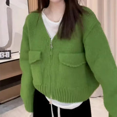 Hnewly Women's Zip Up Knit Cardigan with Pocket V-neck Zipper Front Crop Sweater Jacket Female Teen-girl Autumn Winter Y2K Outfit