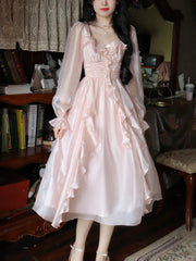 Hnewly Autumn Vintage Party Midi Dress Women Pink Fairy Korean Style Sweet Dress Female Bubble Sleeve Elegant Evening Party Dress