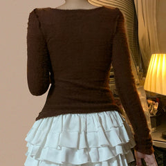 Hnewly Patchwork Fake Two-piece T-shirt Autumn Winter Furry Stitching Full Sleeve Elastic Knitwears Korean Style T Shirts Casual