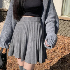Hnewly Autumn Winter Knitted A Line Skirts Women Korean Elastic High Waist Pleated Short Skirt Woman All Match Solid Color Mini Skirts