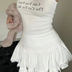 Hnewly Coquette Mini Skirt Women Summer Y2k Lace Mesh Patchwork Sexy High Waist A-line Kawaii White Ruffle Skirt Fairycore