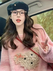 Hnewly Cute Cartoon Pink Sweater Women Sweet Long Sleeve Knitted Kawaii Jumper Vintage Japan O Neck Lady Casual Lazy Wind Tops New