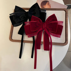 Hnewly 1PC Autumn Winter Red Velvet Bow with Ribbon Spring Clip Hair Barrette, Fairy-Inspired Hair Accessory for Back-of-Head/Top Styli