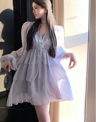 Hnewly Beaded Multi Ruffles Mini Dress Elastic High Waist Puff Lantern Sleeves Chiffon Dresses Celebrity Style Vestidos Women