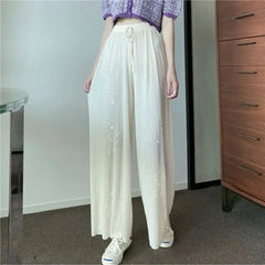 Hnewly Pleated Wide Leg Women's Summer Loose High Waist Casual Straight Pants