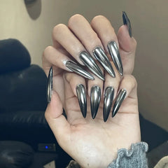 Hnewly 24pcs Punk Metal Fake Nails Press On Finished Long Pointed Silver Mirror y2k Nail Tips Full Cover Stiletto False Nails For Girl