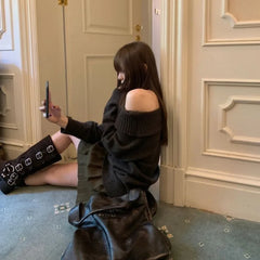 Hnewly Y2k Vintage Off Shoulder Knit Sweater Women Autumn Korean Fashion Aesthetic Harajuku Jumper Gyaru Sexy Pullover Loose