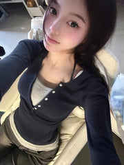 Hnewly FALL OUTFITS Japanese Hrajuku Crop Tops Y2k Aesthetics Long Sleeve Patchwork T-shirt Grunge Slim TShirt Kawaii Fairycore 2000s Clothes E-girl