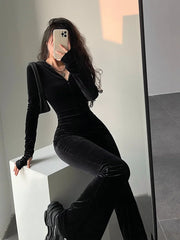 Hnewly Hot Tops Fashion Black Velvet Slim Hooded Zipper Long Sleeve Flare Pants Jumpsuit Rompers Korean Sexy