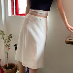 Hnewly Elegant White Women Satin Skirt Fairycore Ruffle Mid Skirts Coquette A-line Basic Casual Korean Style Summer Silk Skirt