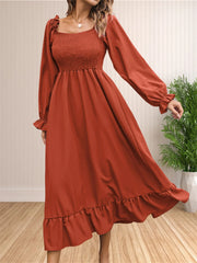 Hnewly Women's Boho Square Neck Smocked Long Puff Sleeve A Line Maxi Dress
