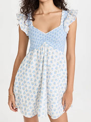 Lunivop Sexy White Blue Flower Print Ruffle Strap Mini Dress V neck Ruched Elastic Chest Corset Sleeveless Short Tank Robe Holiday Woman