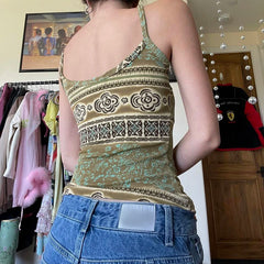 Hnewly Retro Print V-neck Camis Summer Holiday Graphic Sleeveless Skinny Crop Top Women Casual Vintage y2k Tees Streetwear Basic